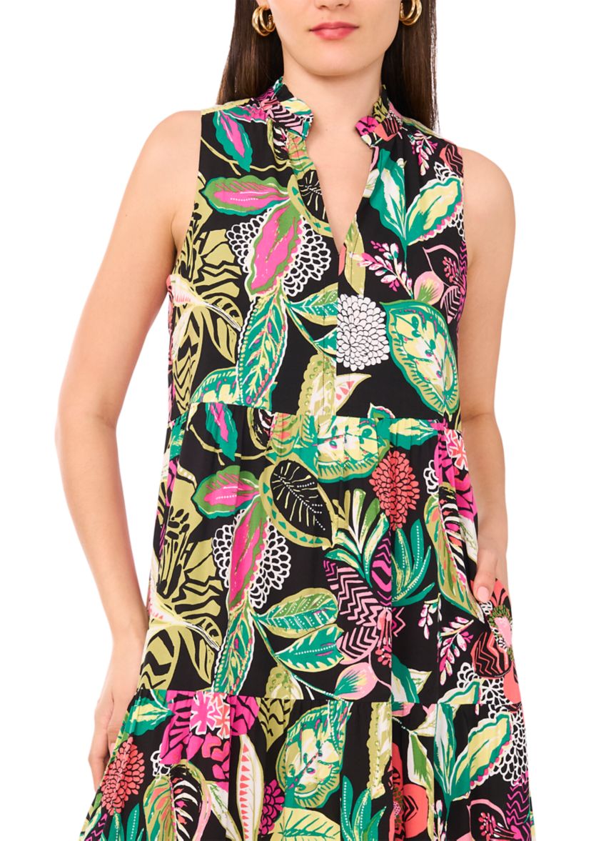 Womens Multi Floral Printed Split Neck Tiered Challis Dress