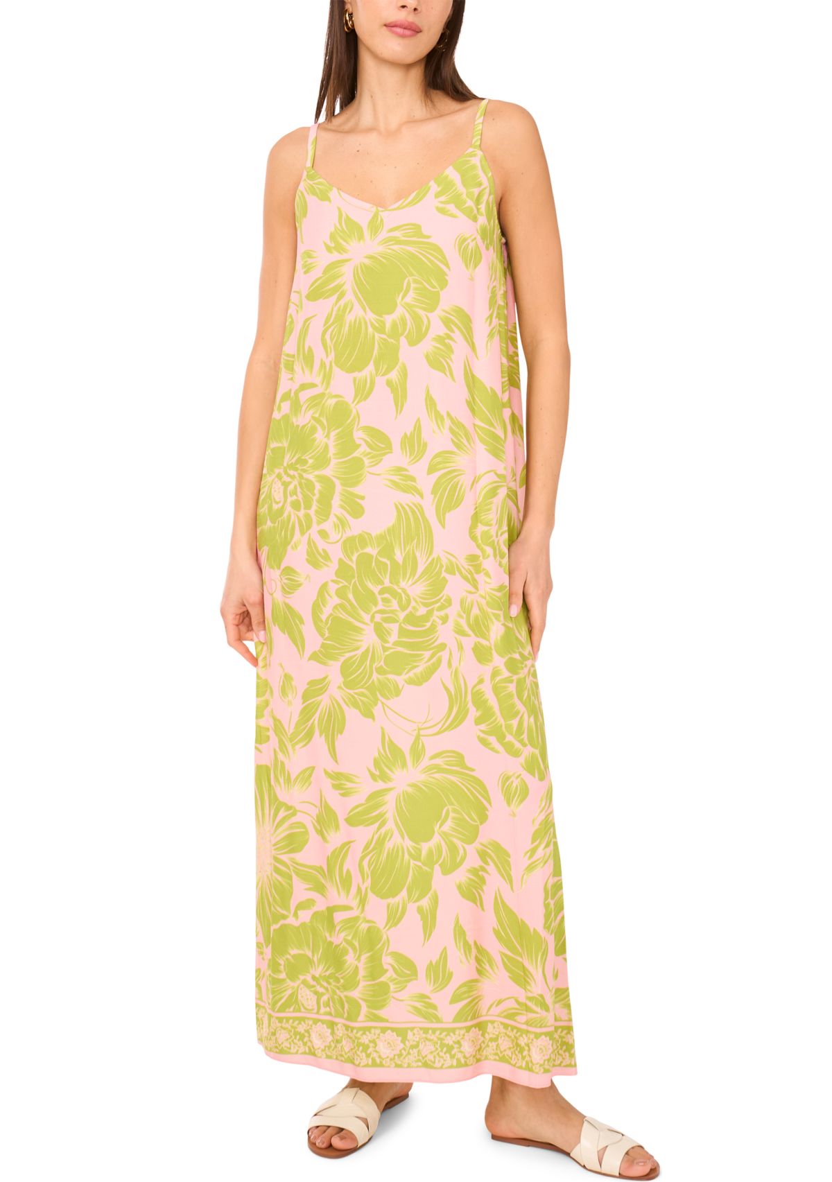 Womens Floral V-Neck Tank Challis Maxi Dress