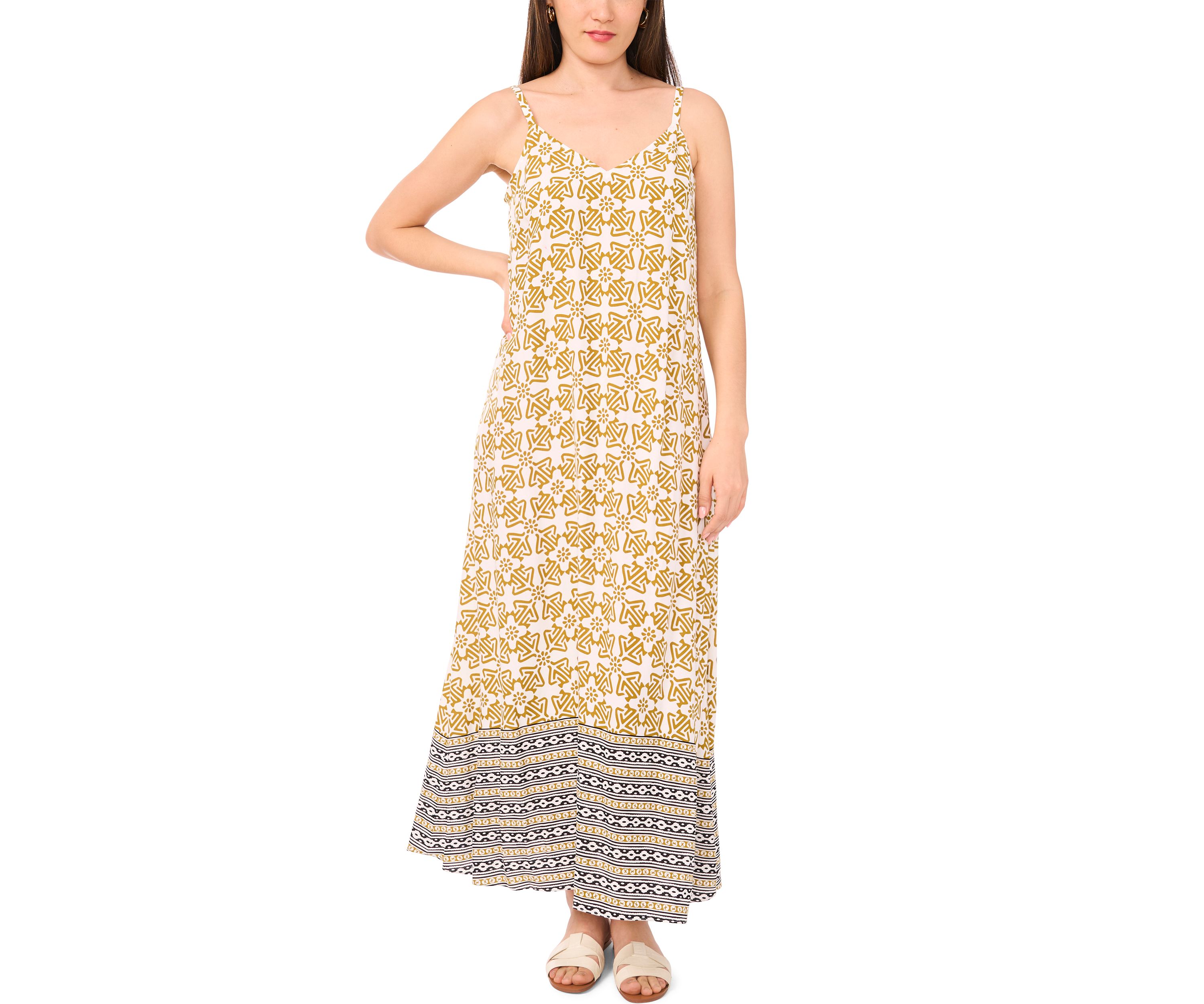 Womens Border Printed Challis Maxi Dress