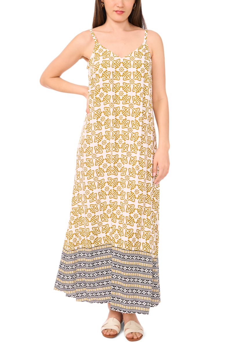 Womens Border Printed Challis Maxi Dress
