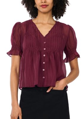 Vince Camuto Women's Puff Sleeve V-Neck Pleated Blouse, Small