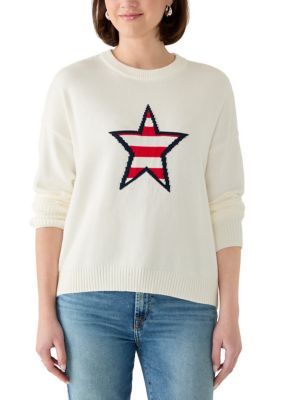 Vince Camuto Women's Long Sleeve Stars and Stripes Sweater, White, Large