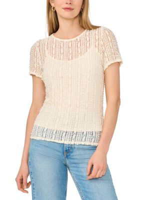 Vince Camuto Women's Short Sleeve Textured Crew Neck Knit Top, Ivory, XS