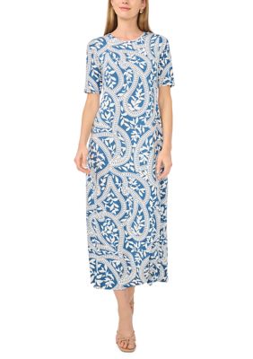 Vince Camuto Women's Short Sleeve Floral Dress, Blue, XL