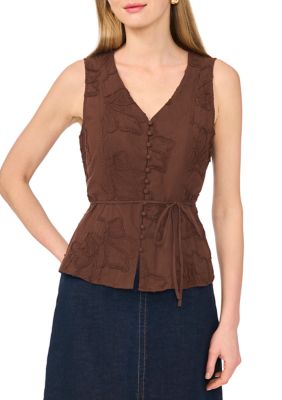Vince Camuto Women's Sleeveless Embroidered V-Neck Button Front Blouse, Large