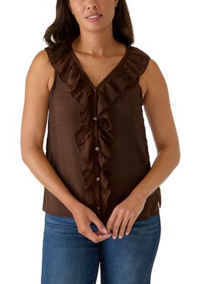 Vince Camuto Women's Sleeveless V-Neck Ruffle Front Top, Medium