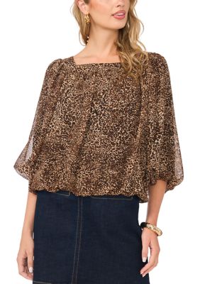 Vince Camuto Women's 3/4 Sleeve Square Neck Animal Print Blouse, Black, Small