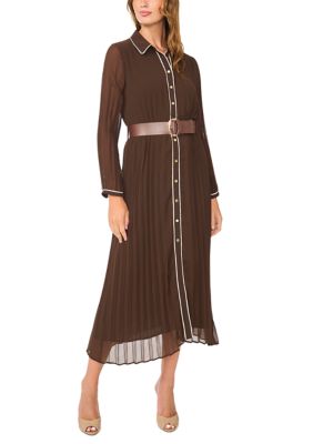 Vince Camuto Women's Long Sleeve Pleated Tipped Belted Shirtdress, Small