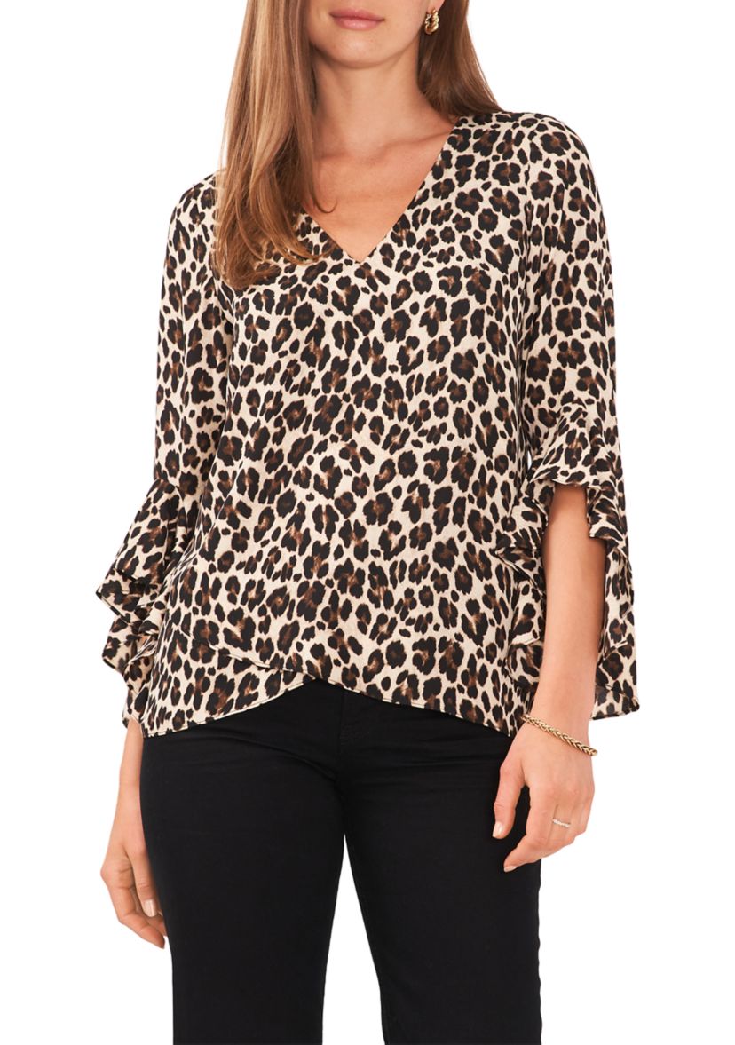 Womens Bell Sleeve Animal Print Top 