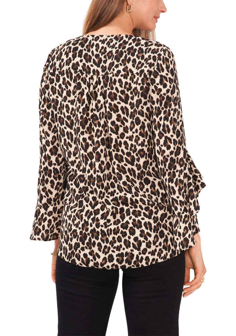 Womens Bell Sleeve Animal Print Top 
