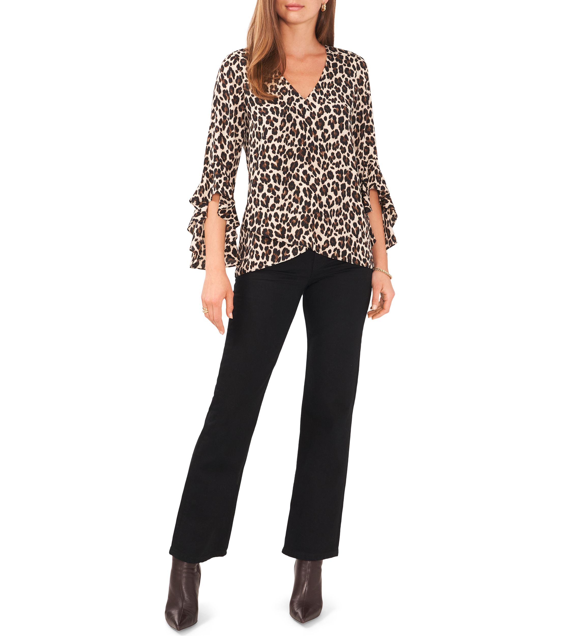 Womens Bell Sleeve Animal Print Top 