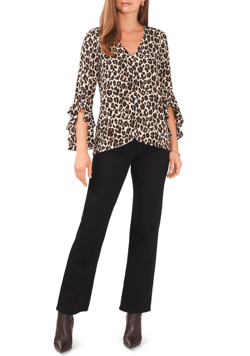 Womens Bell Sleeve Animal Print Top 