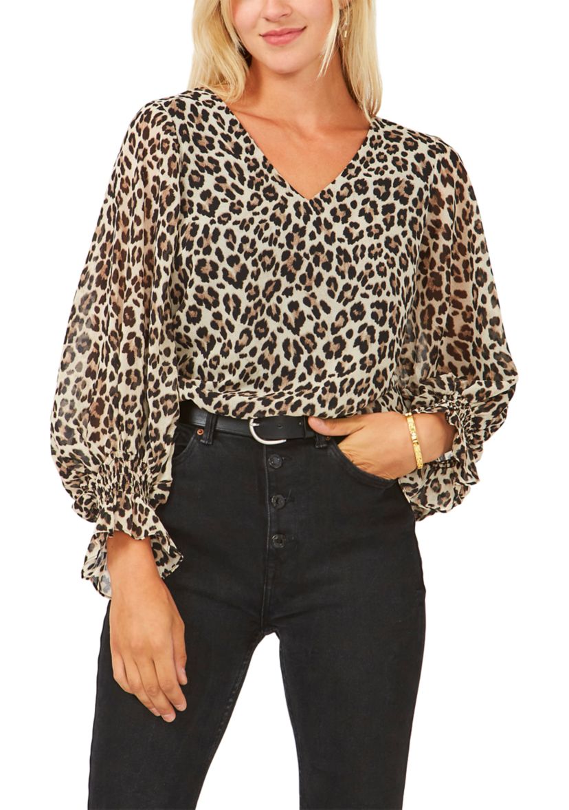 Womens Blouson Sleeve Animal Print Blouse 
