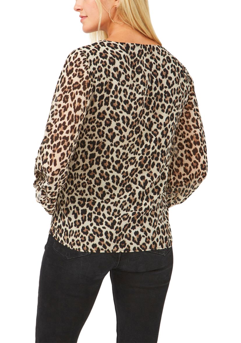 Womens Blouson Sleeve Animal Print Blouse 