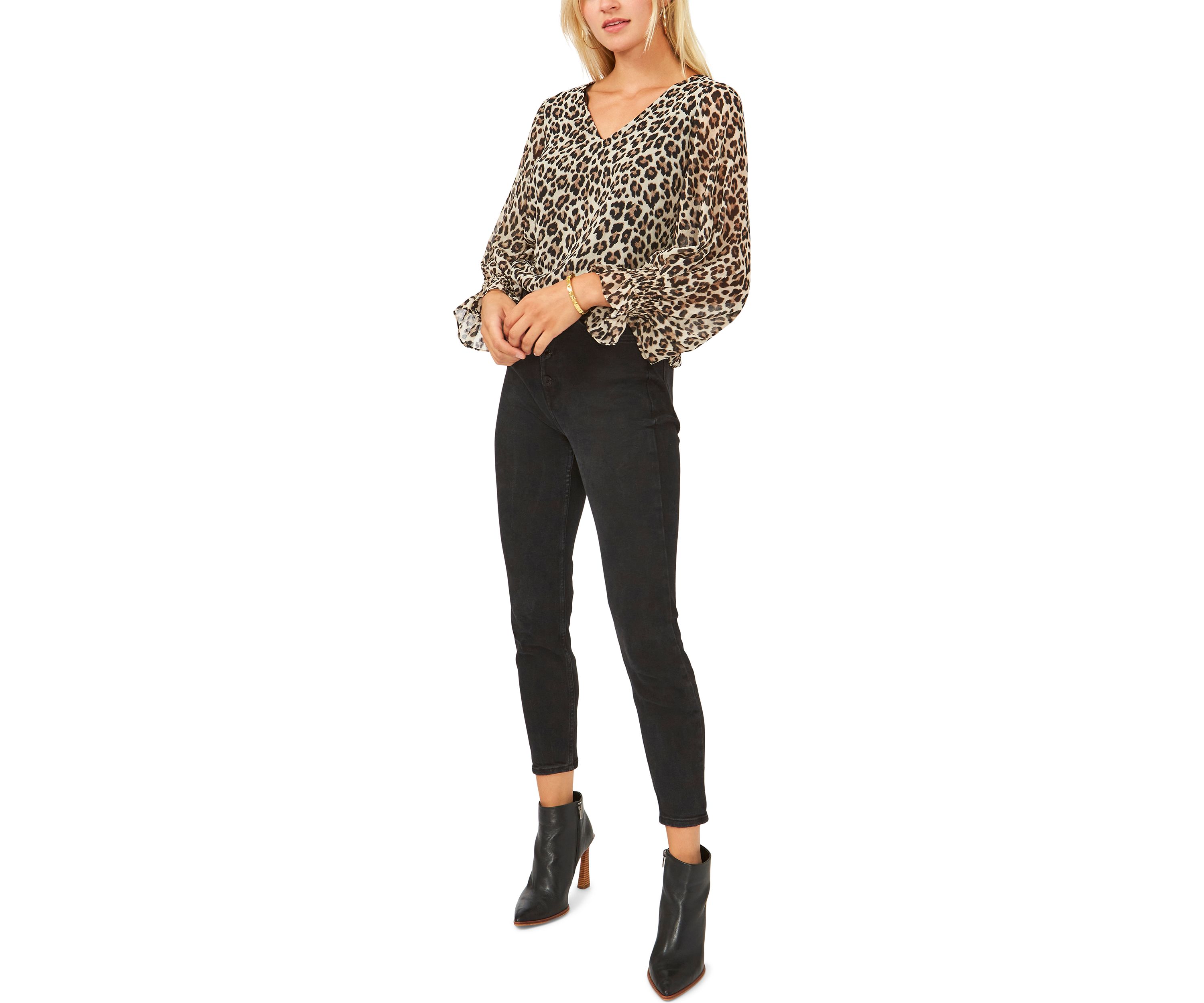 Womens Blouson Sleeve Animal Print Blouse 