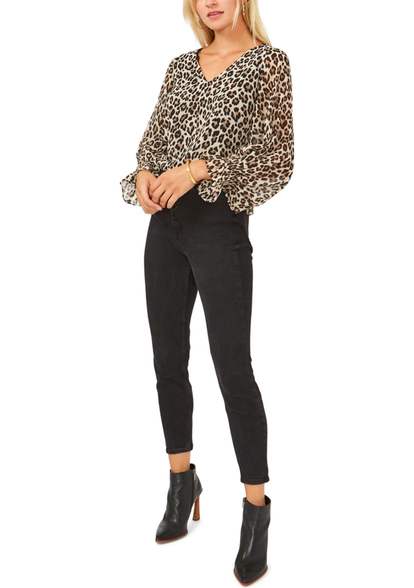 Womens Blouson Sleeve Animal Print Blouse 