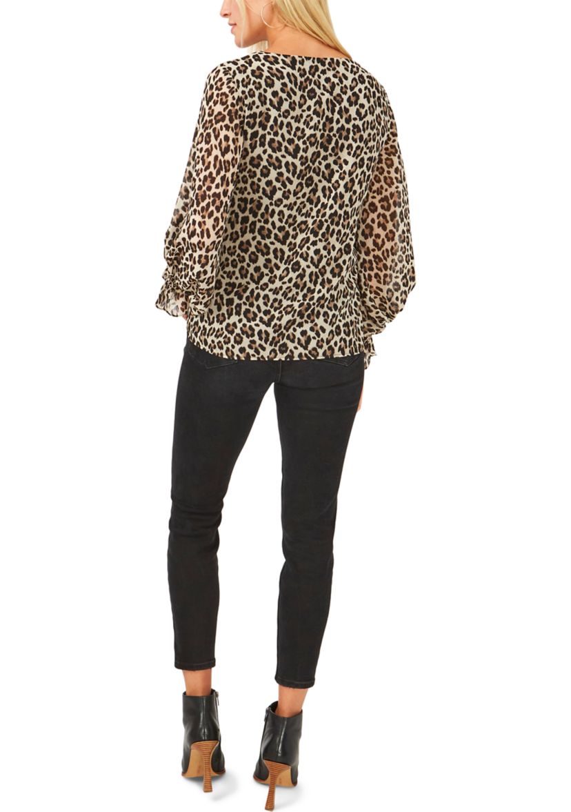 Womens Blouson Sleeve Animal Print Blouse 