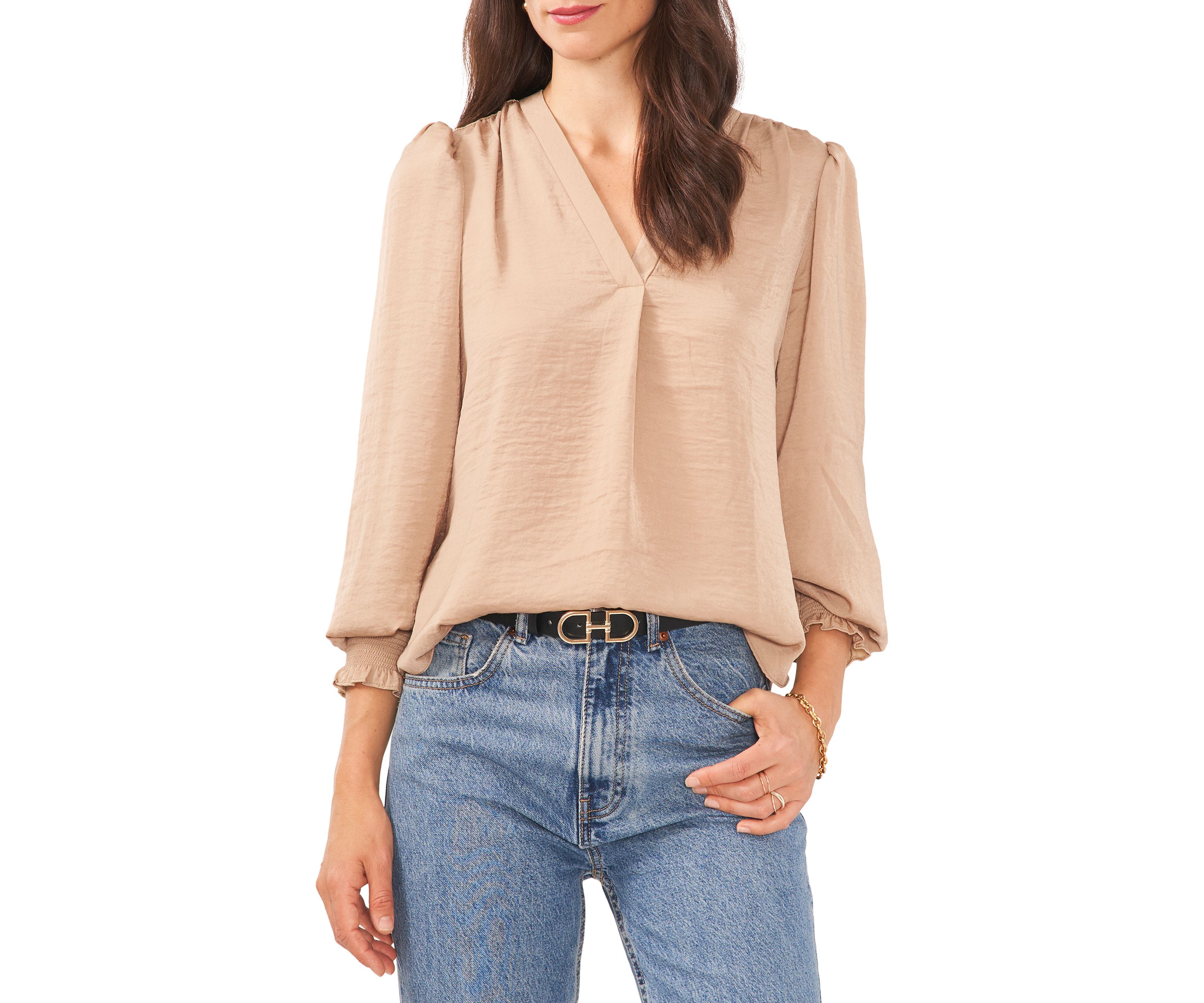 Womens Long Sleeve Smock Cuff V-Neck Blouse