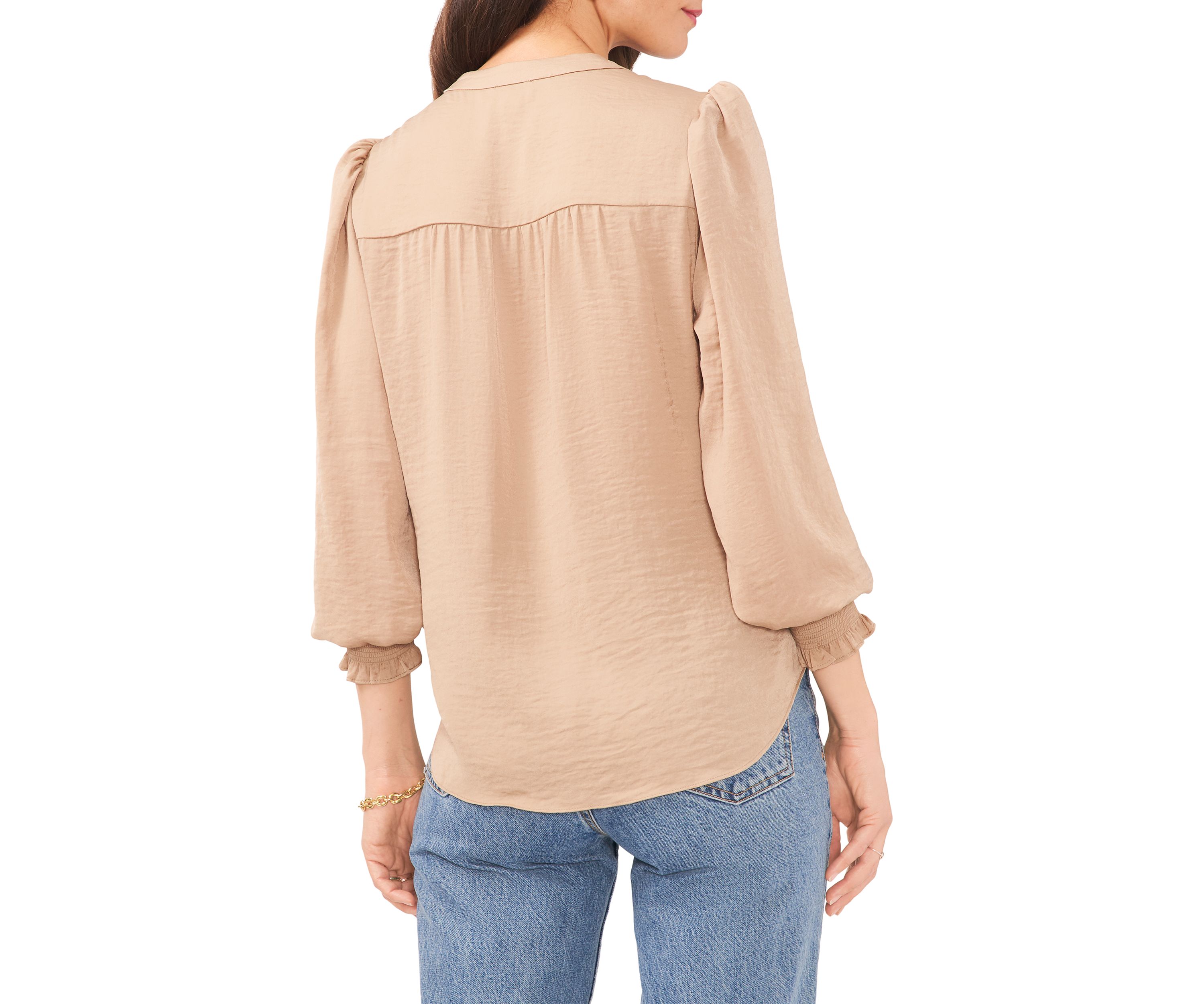 Womens Long Sleeve Smock Cuff V-Neck Blouse