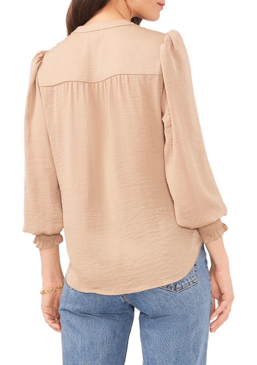 Womens Long Sleeve Smock Cuff V-Neck Blouse