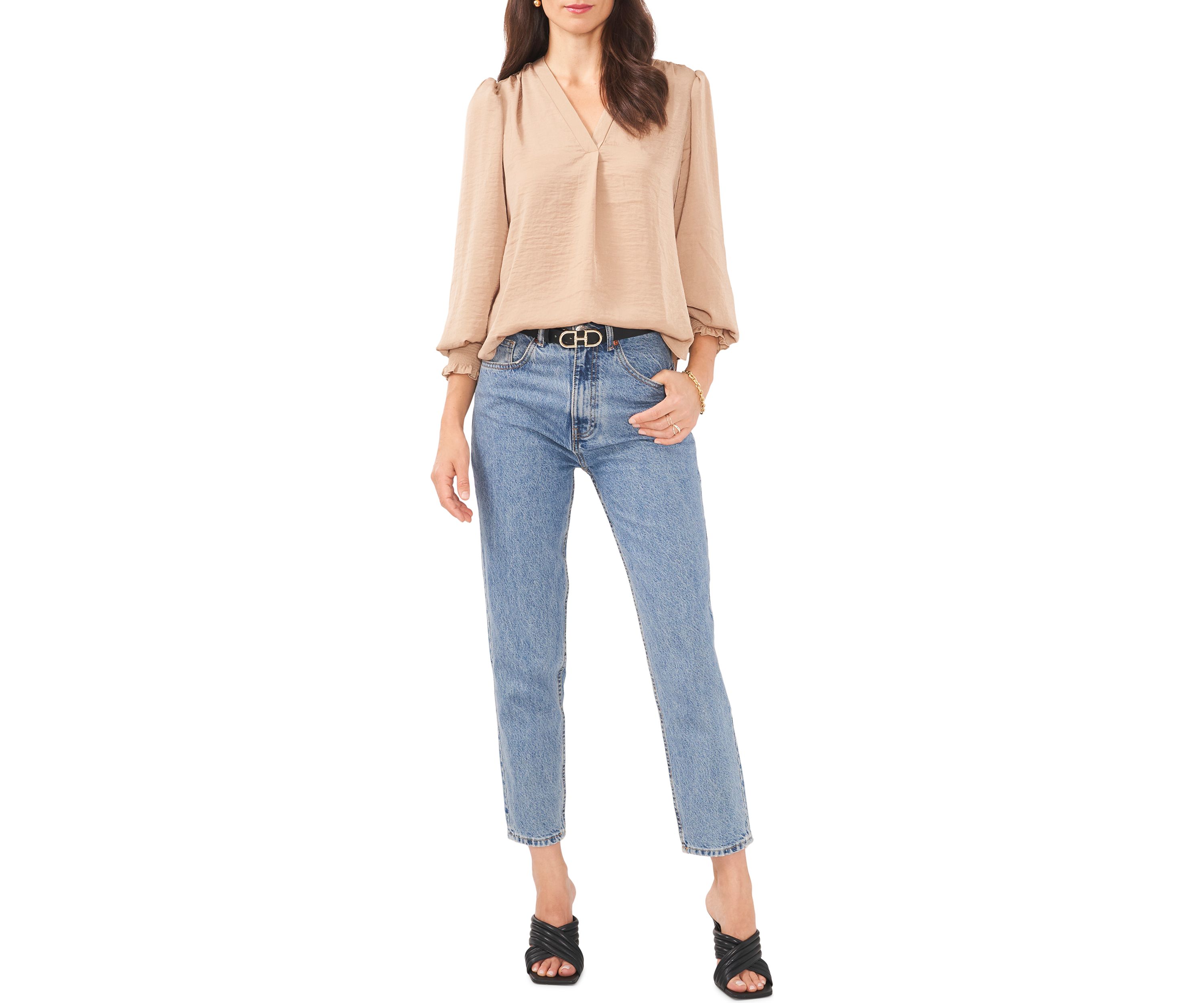 Womens Long Sleeve Smock Cuff V-Neck Blouse