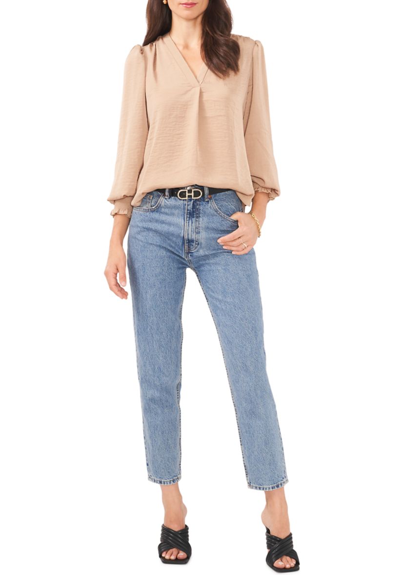 Womens Long Sleeve Smock Cuff V-Neck Blouse