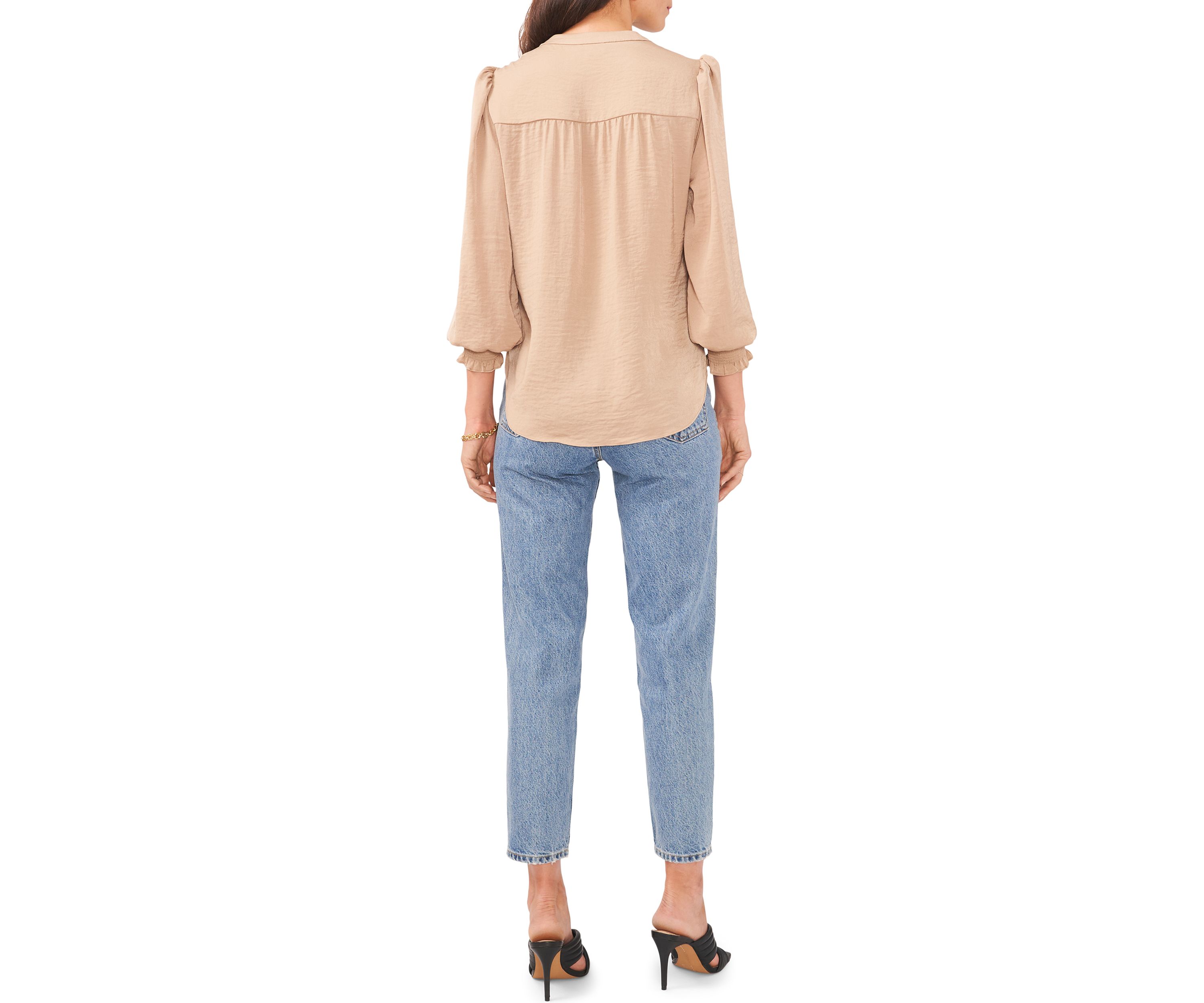 Womens Long Sleeve Smock Cuff V-Neck Blouse