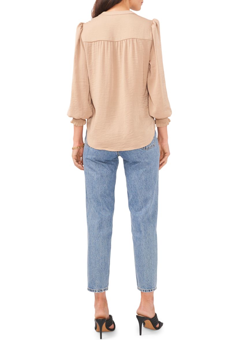 Womens Long Sleeve Smock Cuff V-Neck Blouse