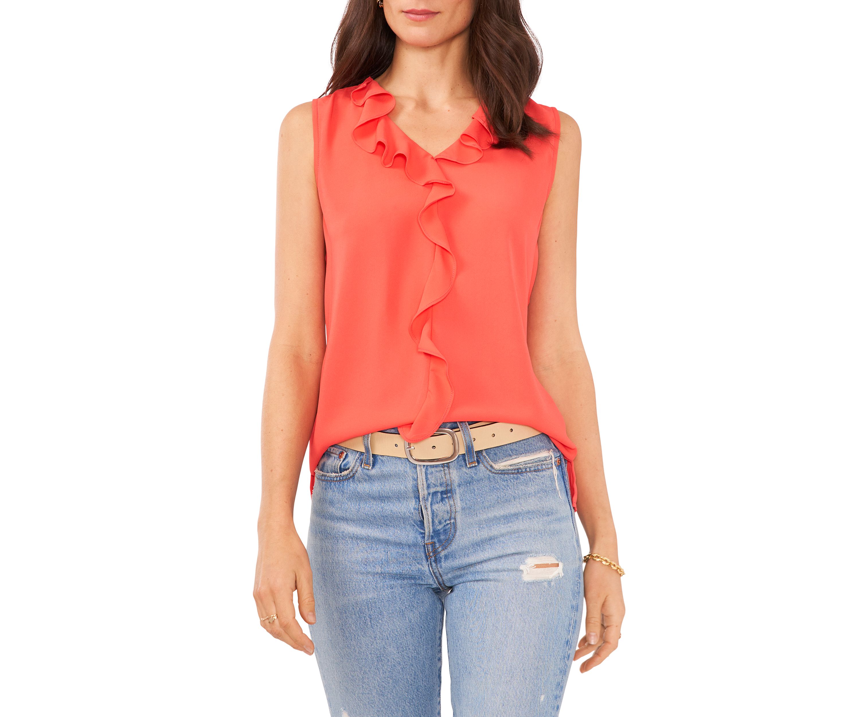 Womens Sleeveless Ruffle Front Blouse