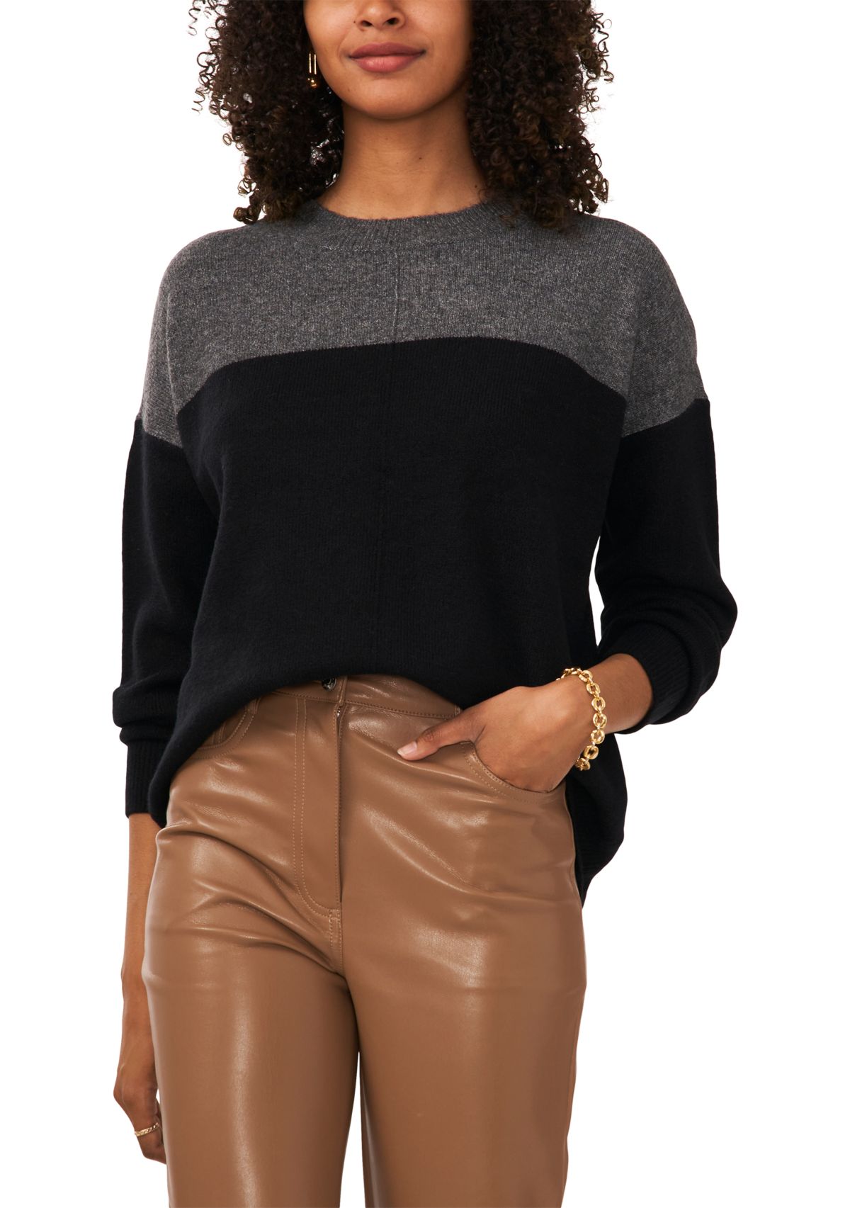 Womens Long Sleeve Color Block Crew Neck Sweater