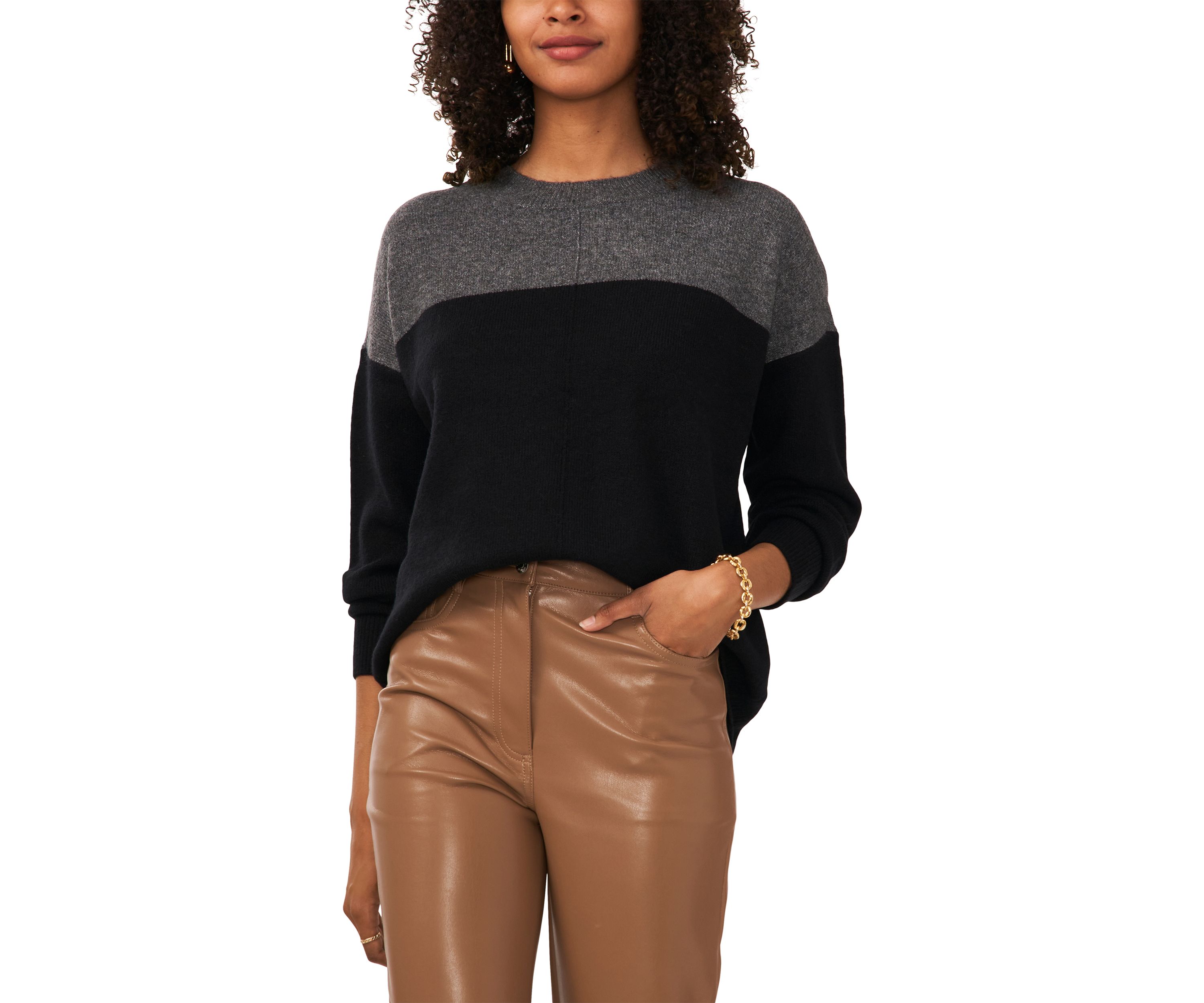 Womens Long Sleeve Color Block Crew Neck Sweater