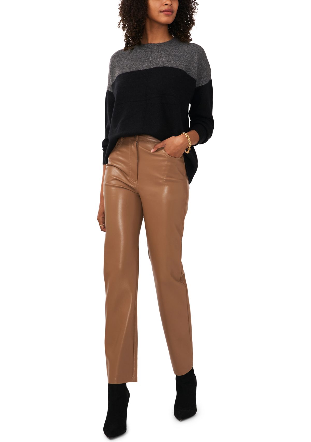 Womens Long Sleeve Color Block Crew Neck Sweater