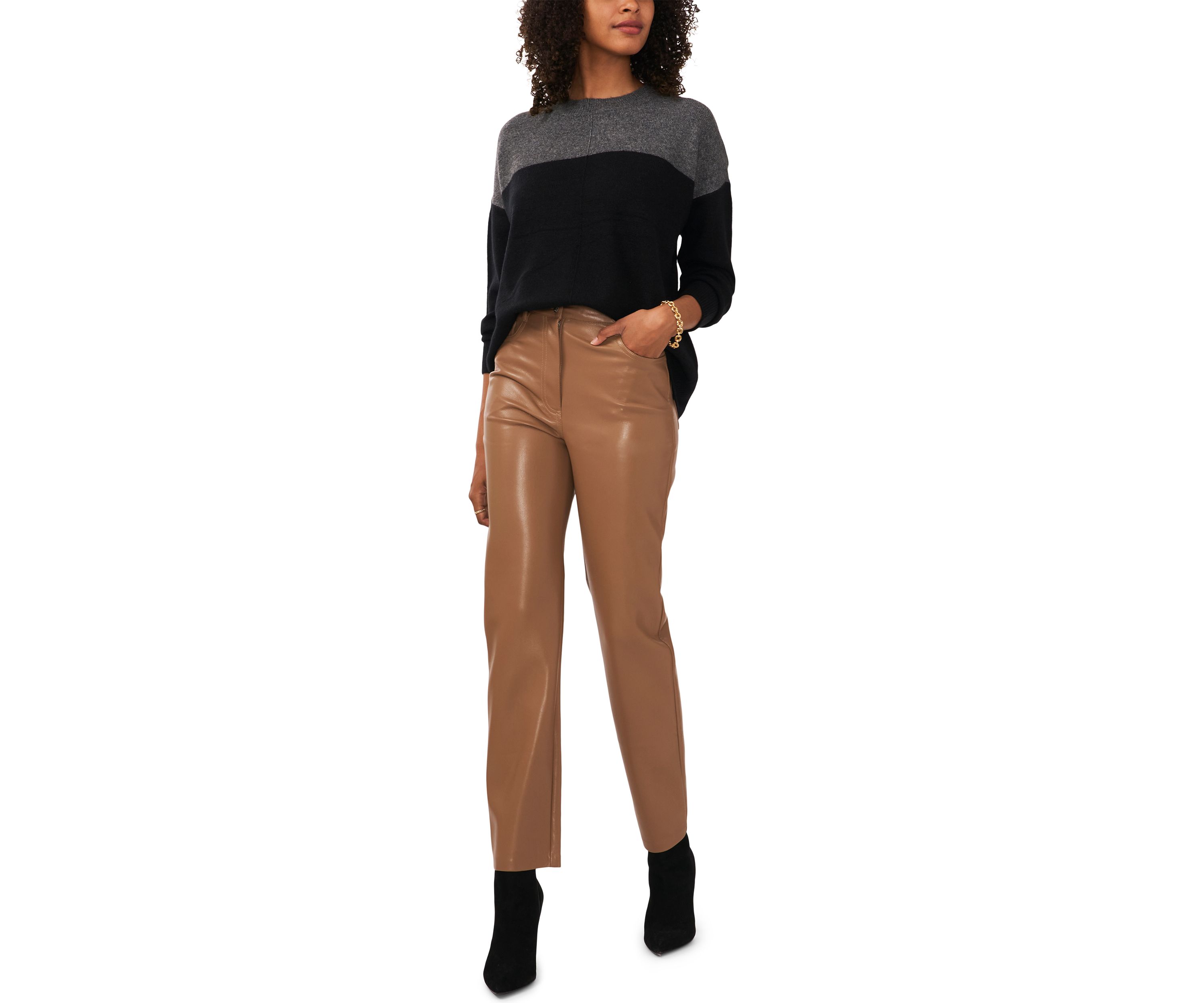 Womens Long Sleeve Color Block Crew Neck Sweater