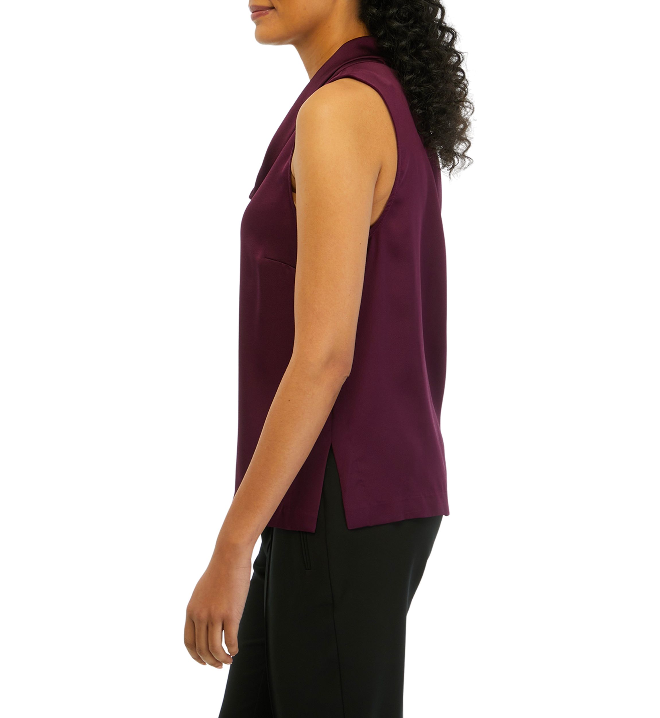 Womens Sleeveless Cowl Neck Solid Satin Blouse