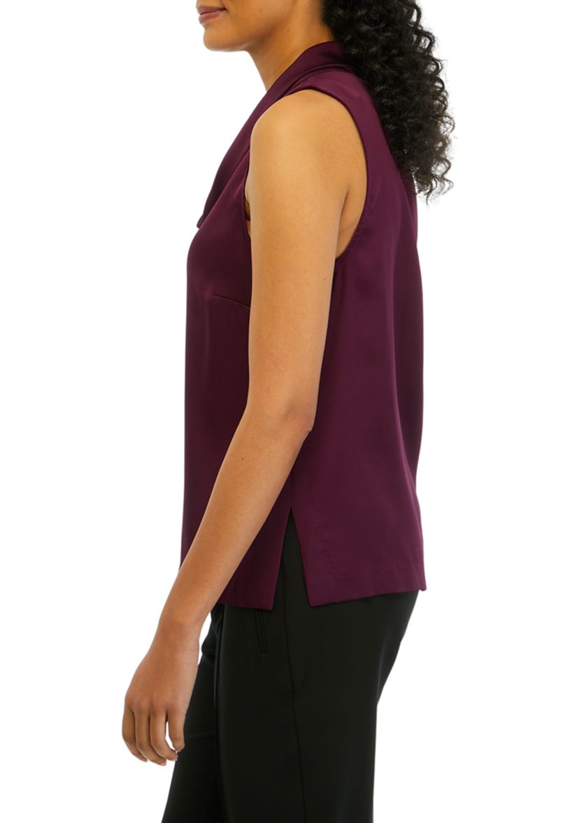 Womens Sleeveless Cowl Neck Solid Satin Blouse