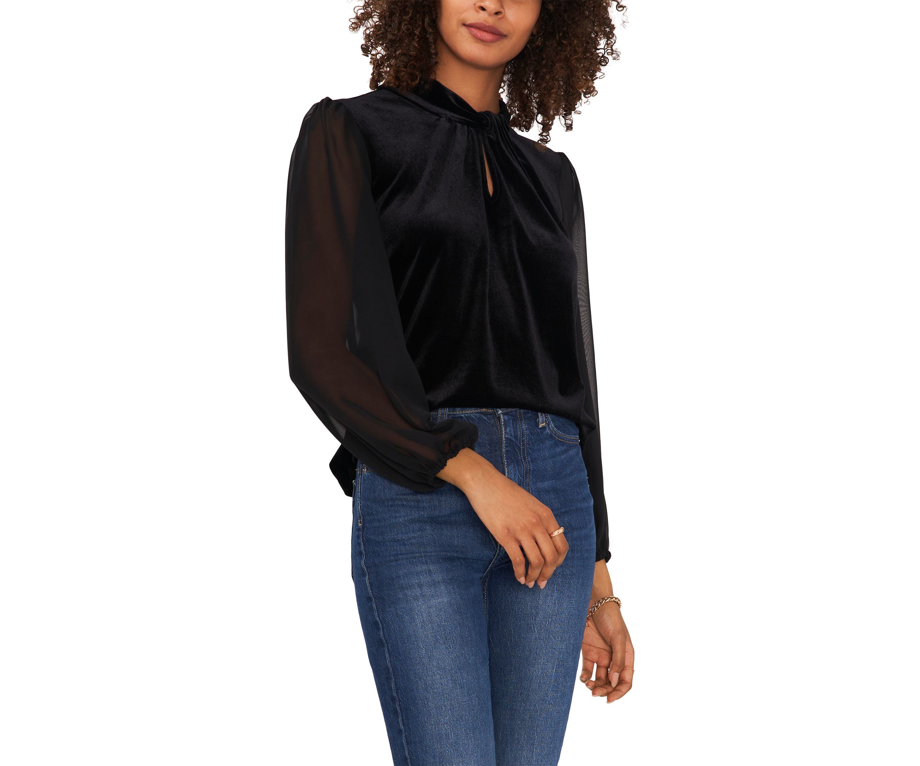 Womens Woven Long Sleeve Mock Neck Velvet Top