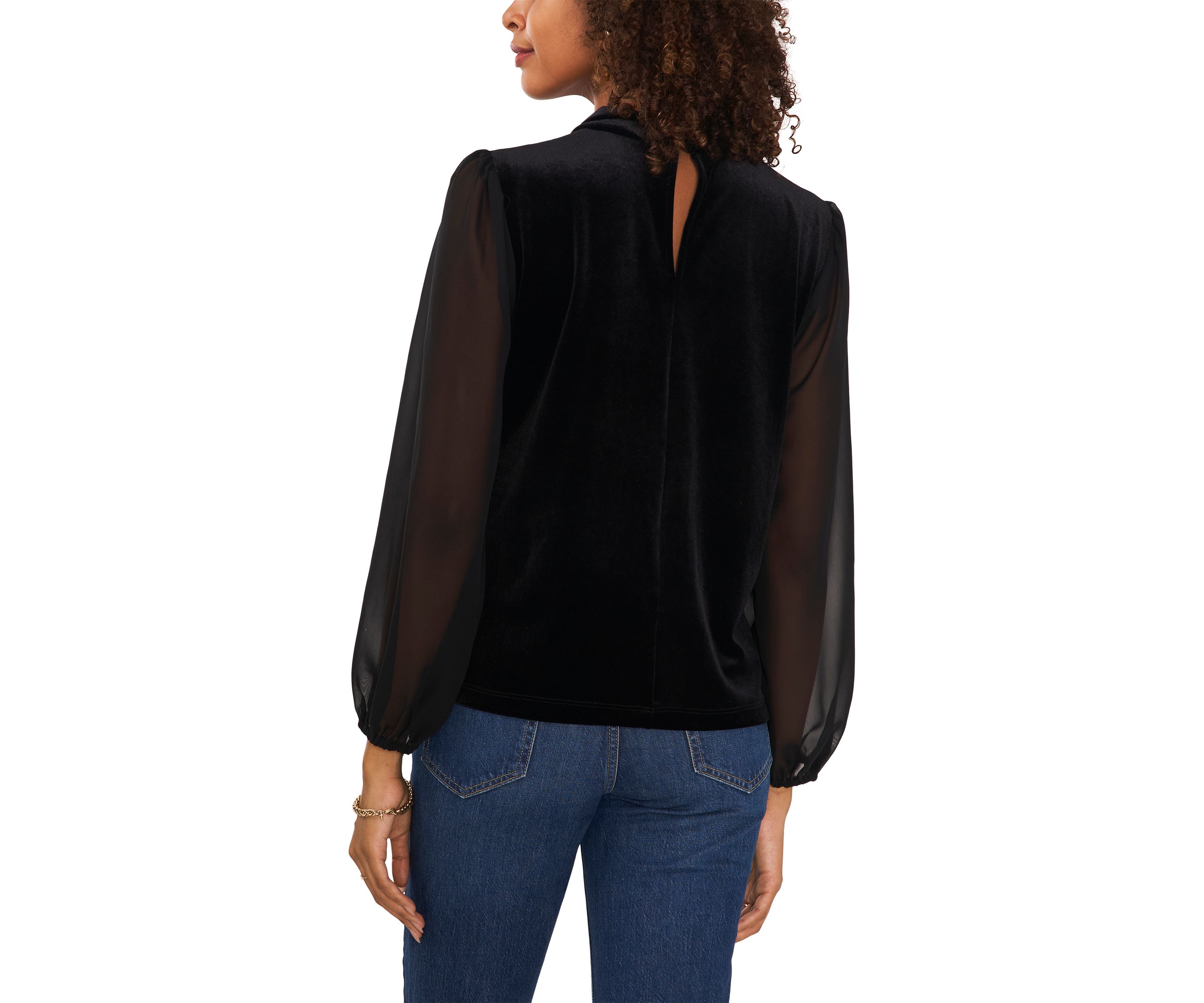 Womens Woven Long Sleeve Mock Neck Velvet Top