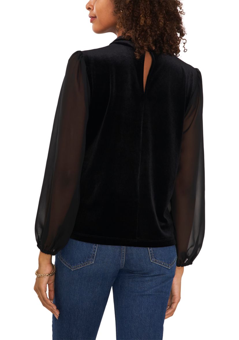 Womens Woven Long Sleeve Mock Neck Velvet Top