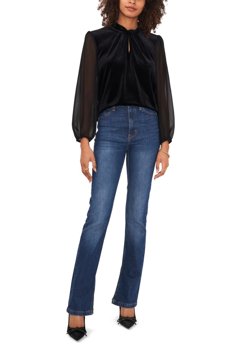 Womens Woven Long Sleeve Mock Neck Velvet Top