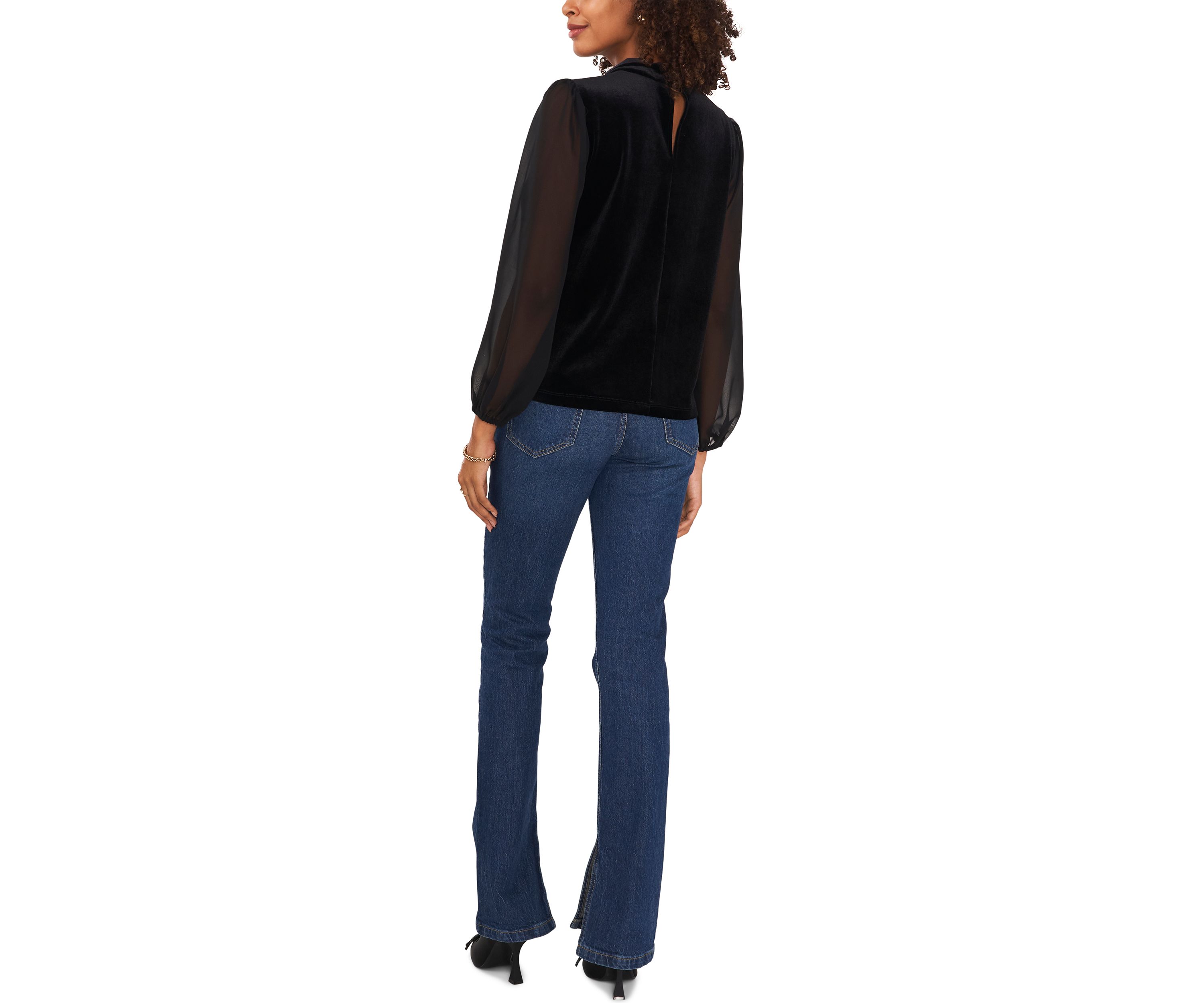 Womens Woven Long Sleeve Mock Neck Velvet Top