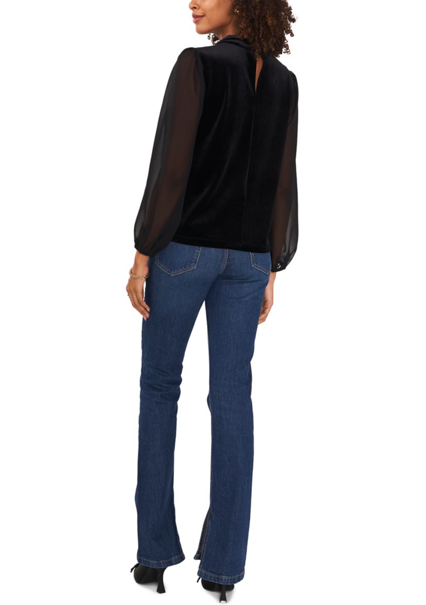Womens Woven Long Sleeve Mock Neck Velvet Top