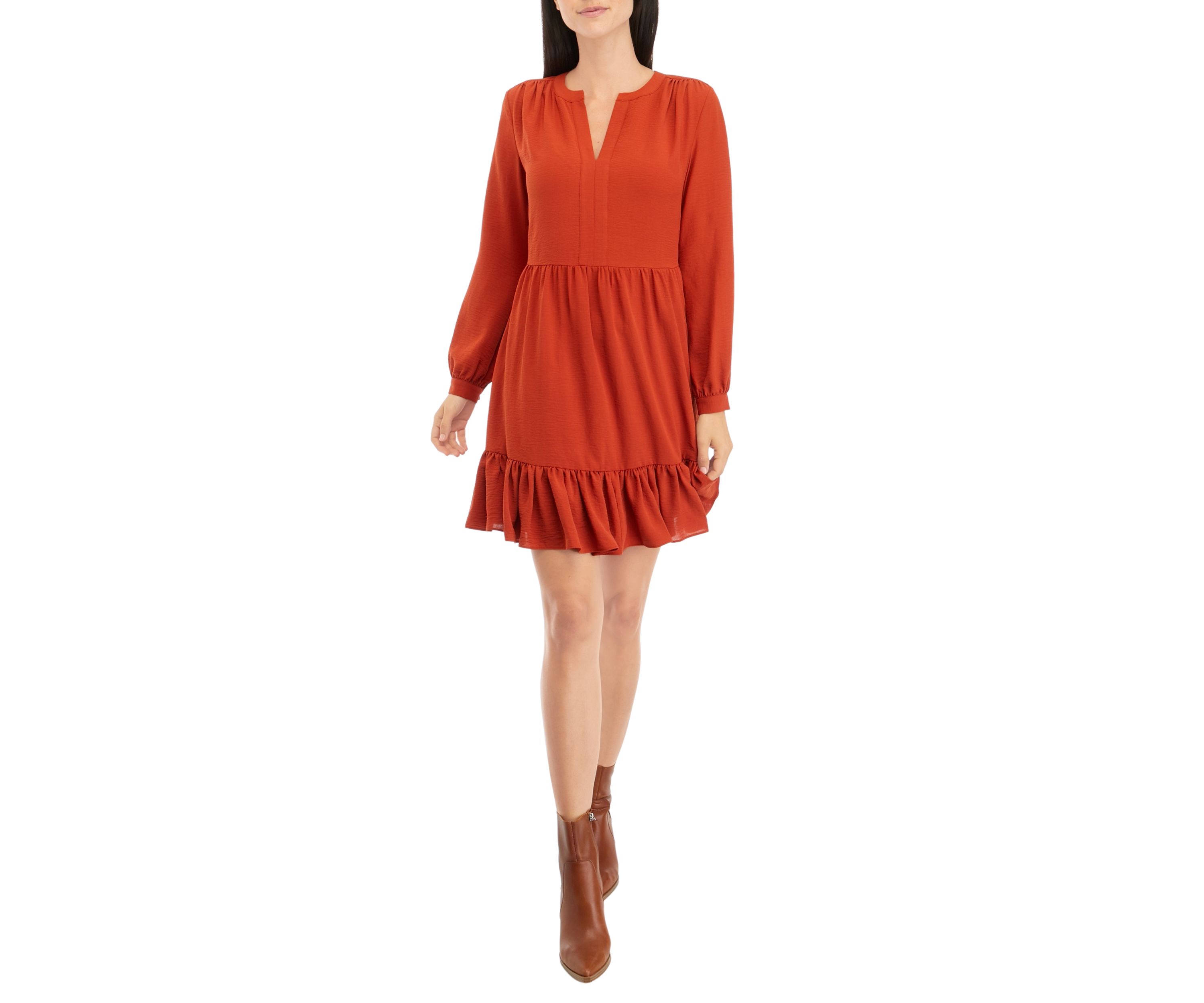 Womens Long Sleeve Split Neck Tiered Babydoll Dress