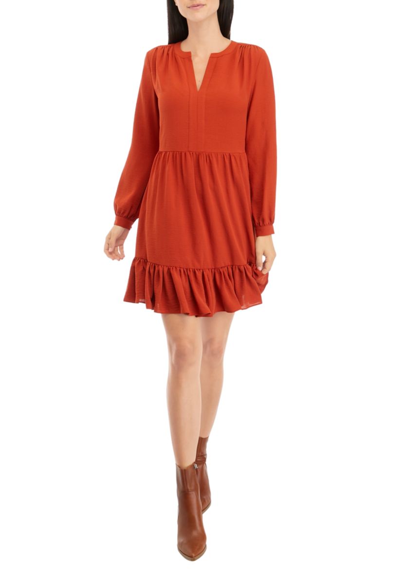 Womens Long Sleeve Split Neck Tiered Babydoll Dress