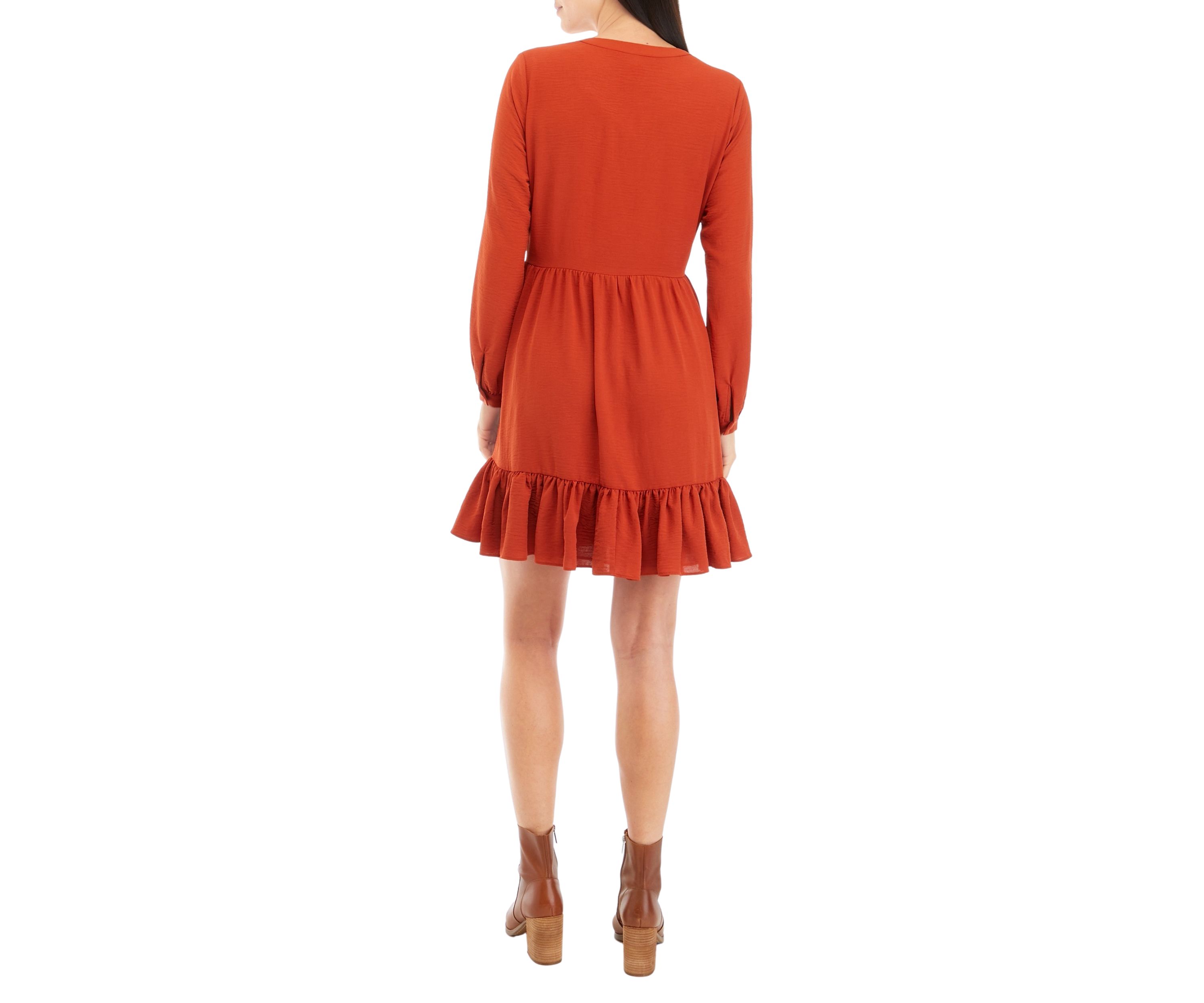 Womens Long Sleeve Split Neck Tiered Babydoll Dress