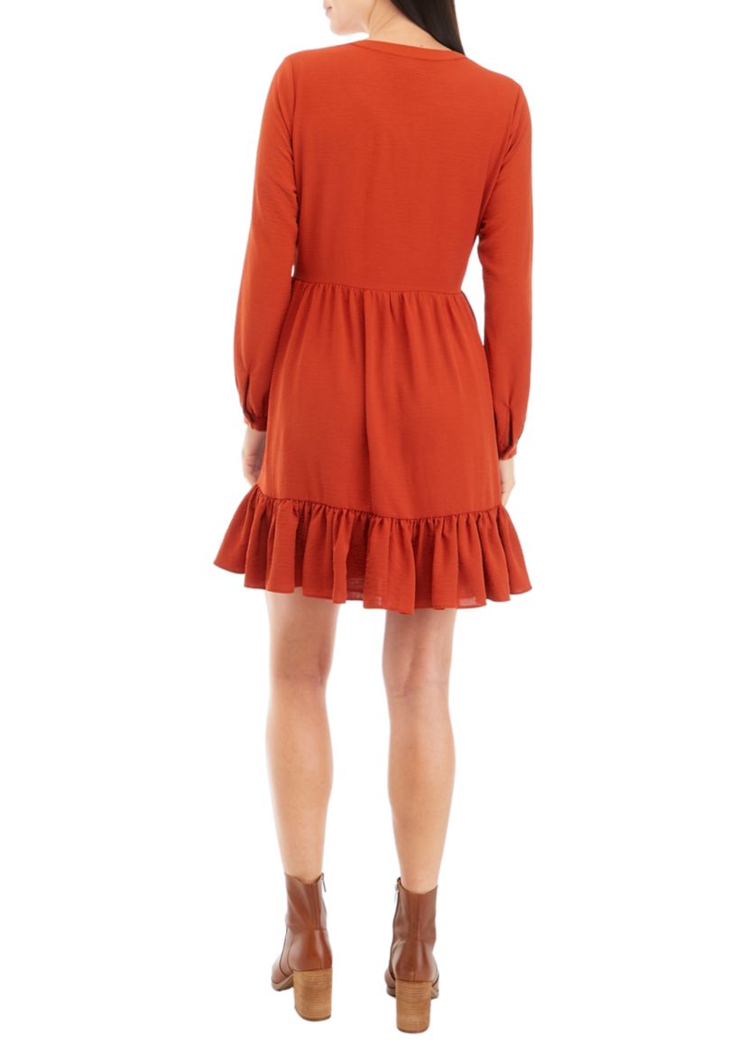 Womens Long Sleeve Split Neck Tiered Babydoll Dress