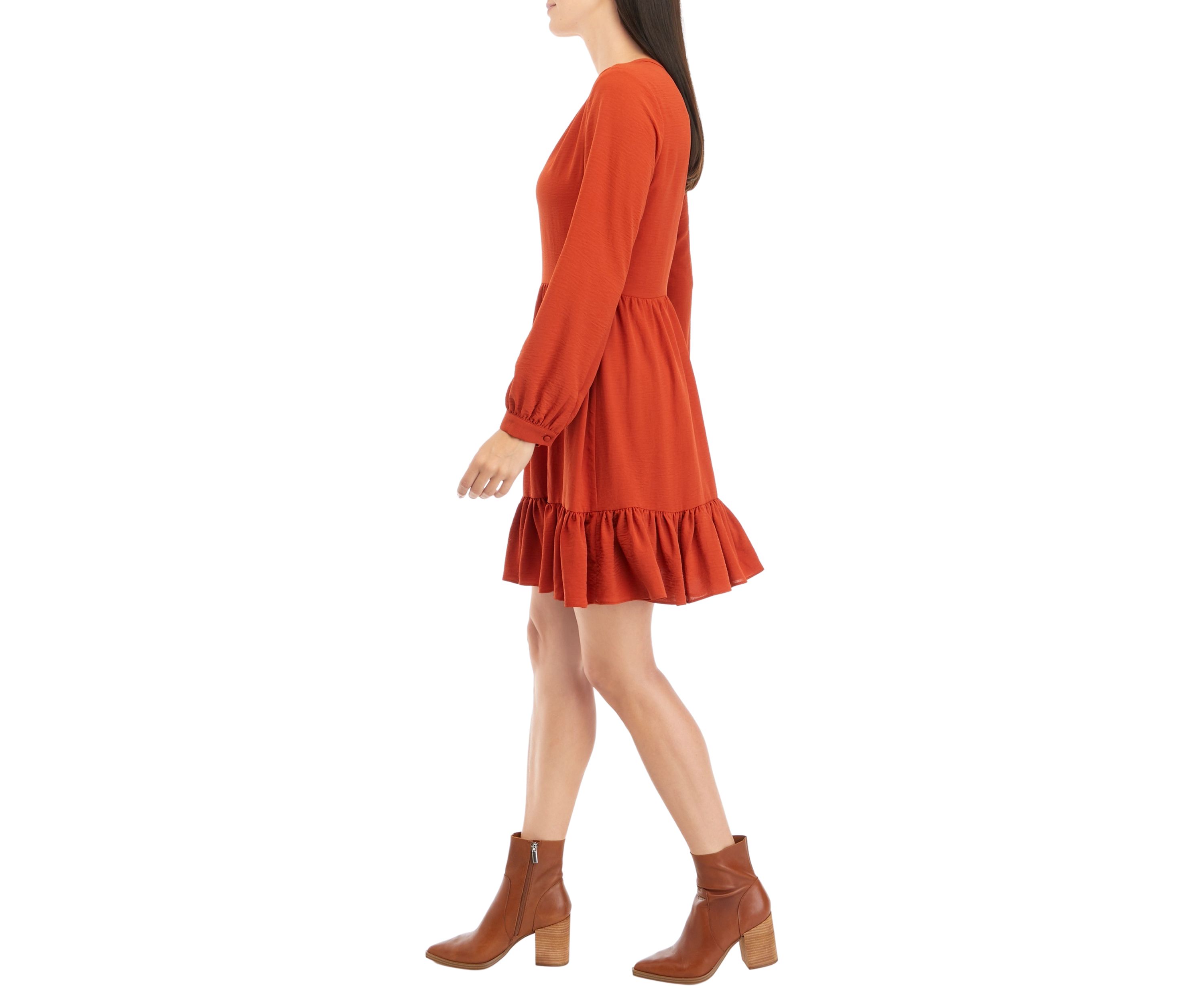 Womens Long Sleeve Split Neck Tiered Babydoll Dress