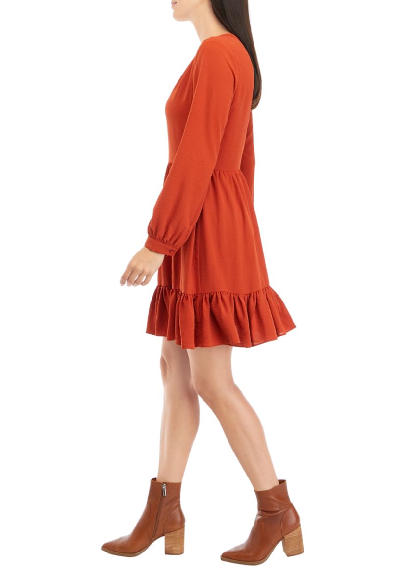 Womens Long Sleeve Split Neck Tiered Babydoll Dress