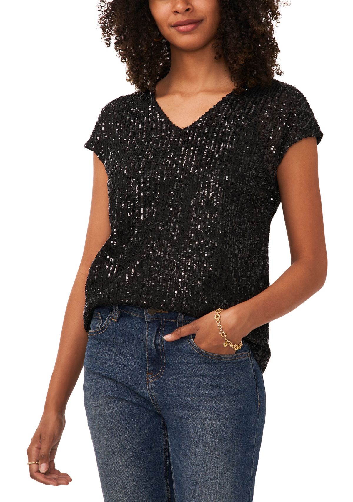 Womens Short Sleeve V-Neck Sequin T-Shirt