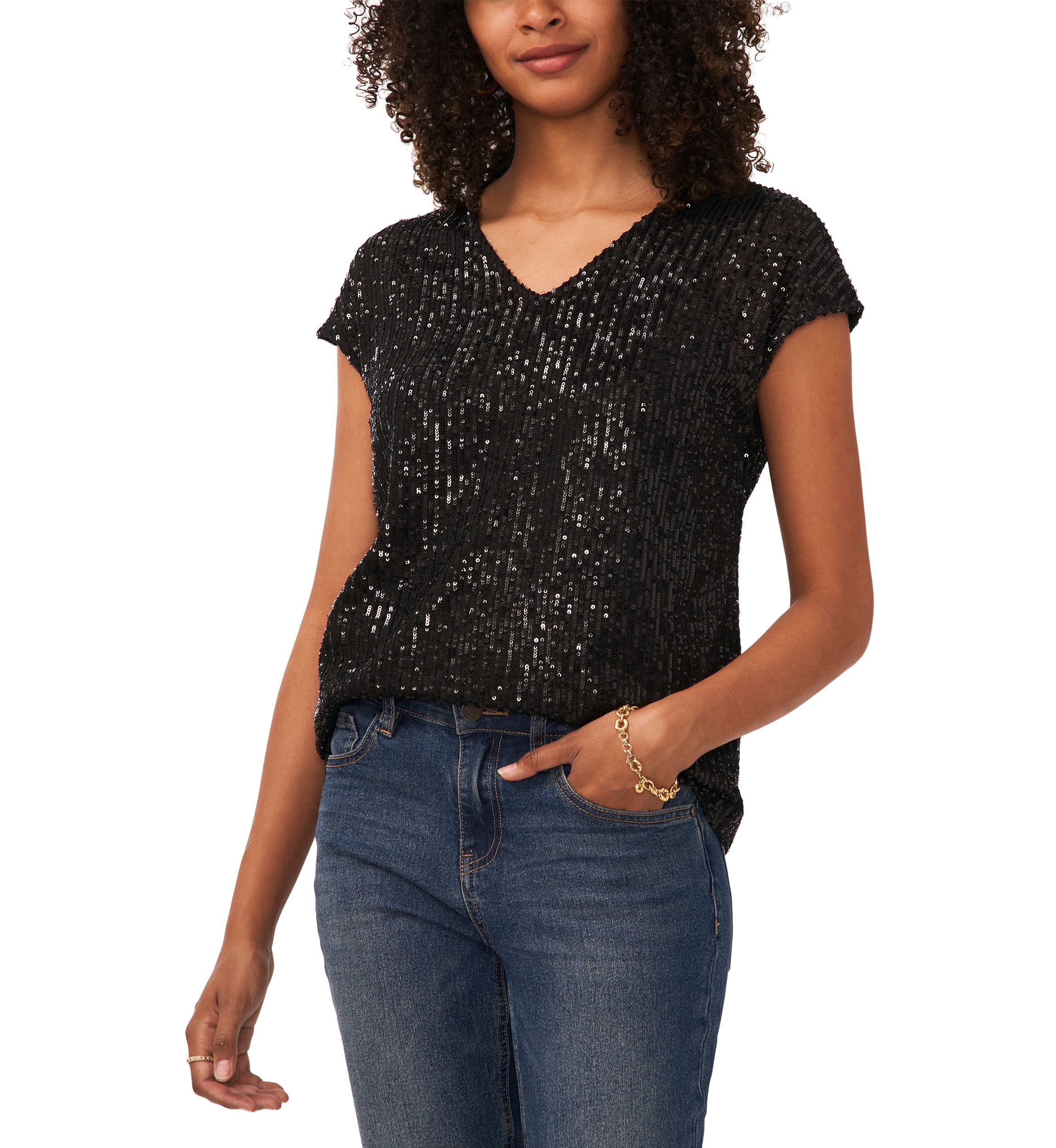 Womens Short Sleeve V-Neck Sequin T-Shirt
