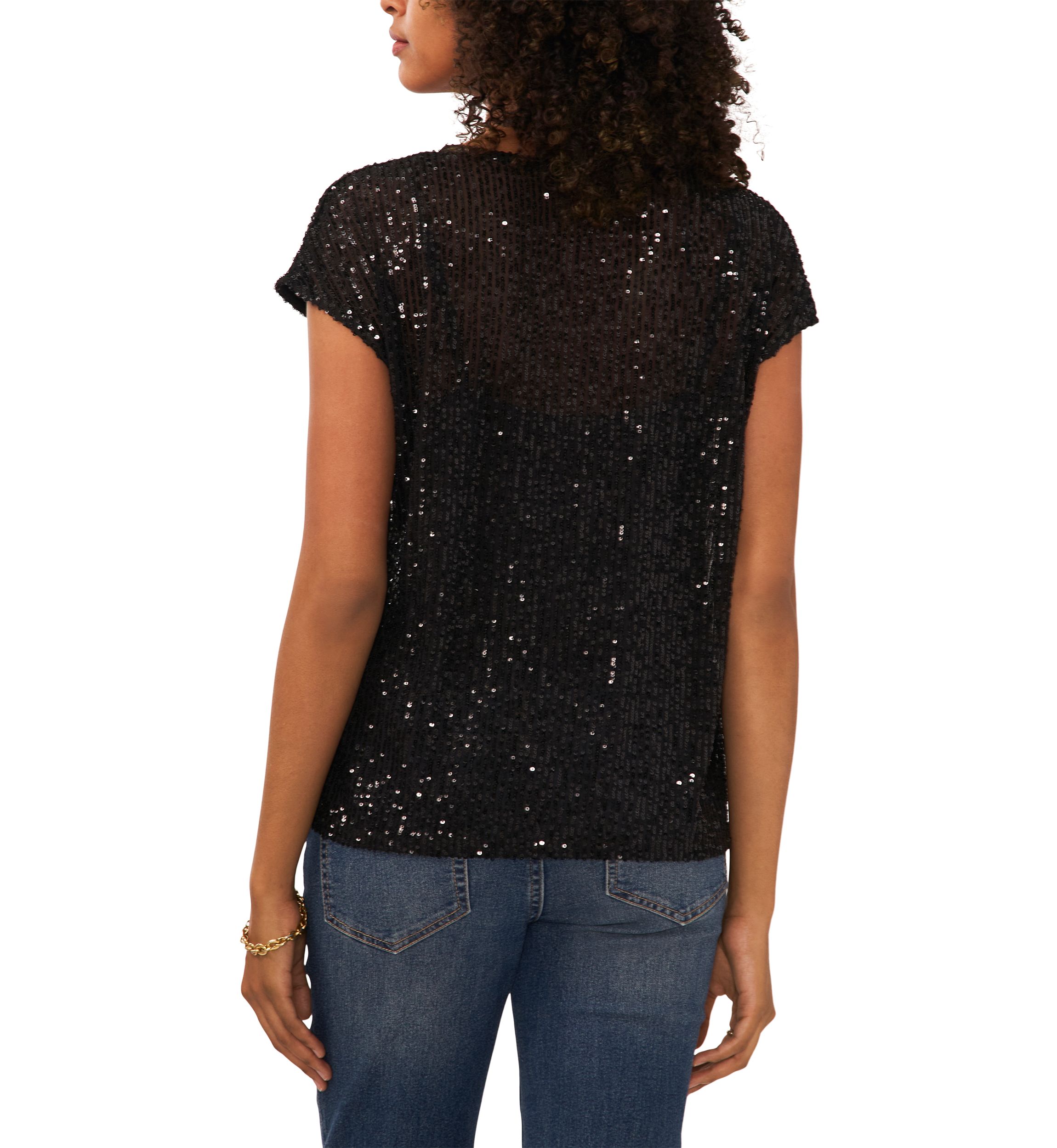 Womens Short Sleeve V-Neck Sequin T-Shirt